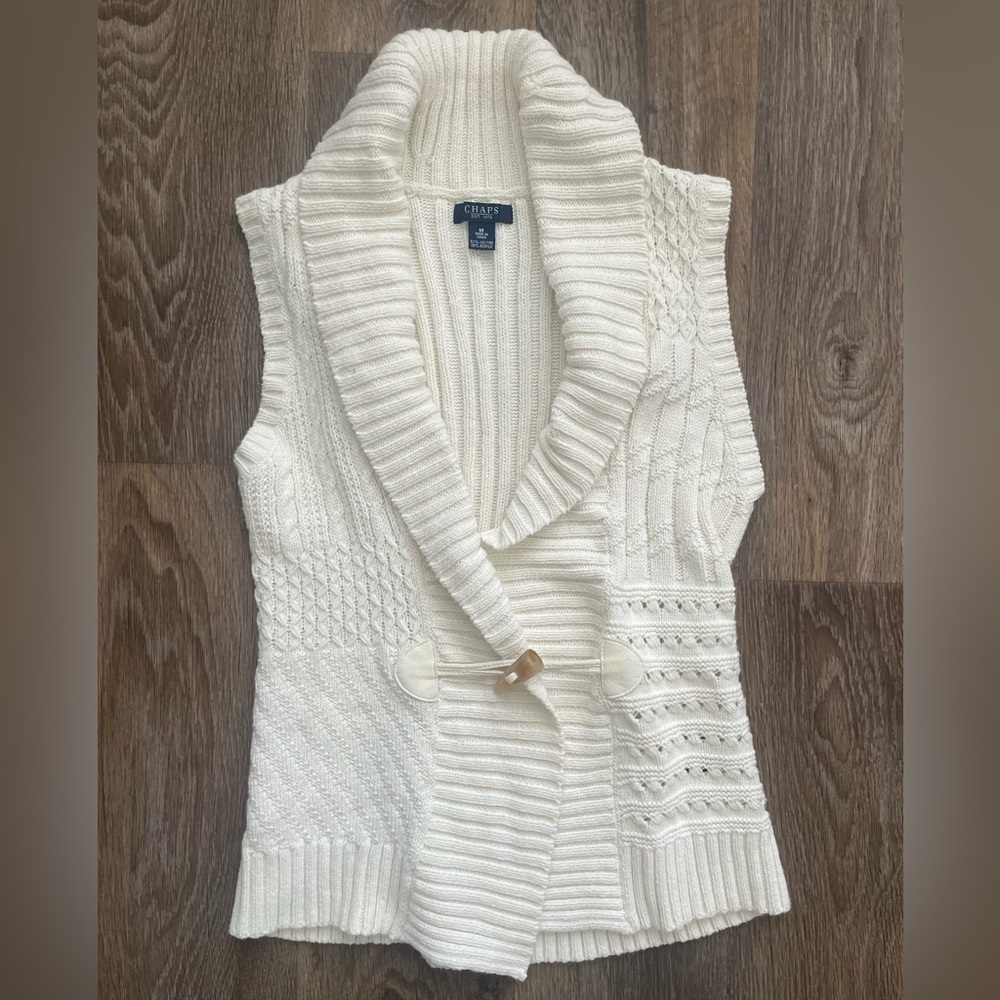 Y2K Chaps Cream Shawl Collar Sweater Vest M Cotton Toggle Cardigan Knit Coastal